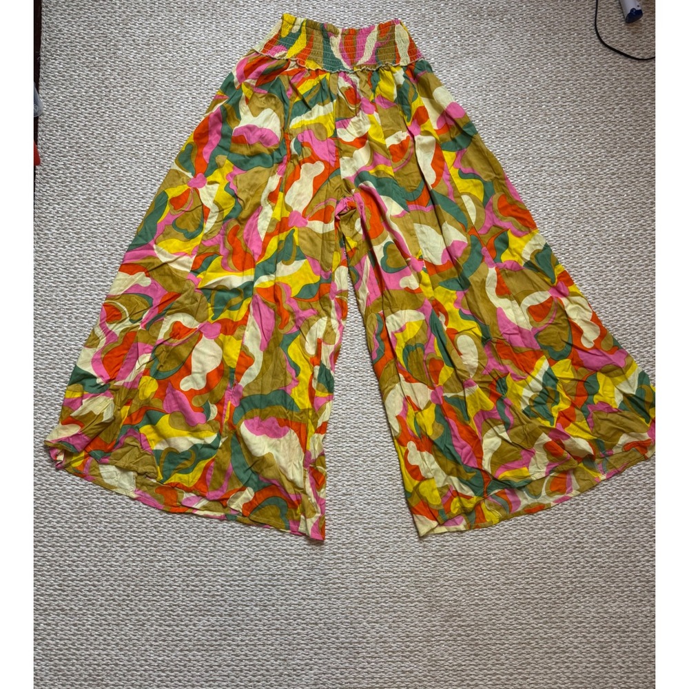 True Destinations anthropologie wide Leg Palazzo Pants Abstract Boho hippie LG